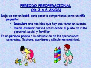 PERIODO PREOPERACIONAL
(de 3 a 6 AÑOS)
Deja de ser un bebé para pasar a comportarse como un niño
pequeño:
• Descubre una realidad que hay que tener en cuenta.
• Puede asimilar nuevos retos desde el punto de vista
personal, social y familiar.
Es un periodo previo a la adquisición de las operaciones
concretas. (lectura, escritura y cálculo matemático).
 