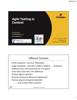 2019-05-29
1
@janetgregoryca | #testinguy
Agile Testing in
Context
Janet Gregory
janet@agiletester.ca
@janetgregoryca
13 y 14 de mayo, 2019
testinguy.org
@testinguy | #testinguy
DragonFire Inc.
Copyright @2019 DragonFire Inc.
@janetgregoryca | #testinguy
- Small companies - less than 100 people
- Large companies - more than 1,000 or 5,000 or …. employees
- Different cities, same time zone (or 1 hr. apart)
- Time zones more than 7 hrs difference
- Practice agile or agileish?
- Practice continuous delivery or deployment
- Practice phased and gated (waterfall)
…….. and so many others contexts
Different Contexts
1
2
 