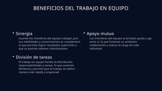 BENEFICIOS DEL TRABAJO EN EQUIPO
• Sinergia
Cuando los miembros del equipo trabajan juntos,
sus habilidades y conocimientos se complementan,
lo que permite lograr resultados superiores a los
que se podrían obtener individualmente.
• División de tareas
El trabajo en equipo facilita la distribución de
responsabilidades y tareas, lo que aumenta la
eficiencia y permite que el trabajo se realice de
manera más rápida y organizada.
• Apoyo mutuo
Los miembros del equipo se brindan ayuda y apoyo
entre sí, lo que fomenta un ambiente de
colaboración y reduce la carga de trabajo
individual.
 