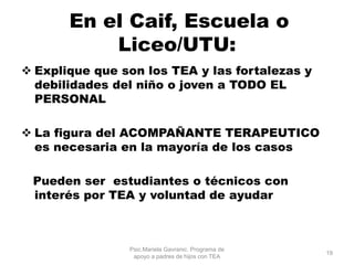 En el Caif, Escuela o
Liceo/UTU:
 Explique que son los TEA y las fortalezas y
debilidades del niño o joven a TODO EL
PERSONAL
 La figura del ACOMPAÑANTE TERAPEUTICO
es necesaria en la mayoría de los casos
Pueden ser estudiantes o técnicos con
interés por TEA y voluntad de ayudar
Psic.Mariela Gavranic. Programa de
apoyo a padres de hijos con TEA
19
 