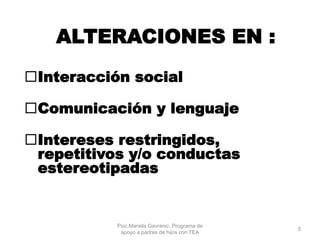 ALTERACIONES EN :
Interacción social
Comunicación y lenguaje
Intereses restringidos,
repetitivos y/o conductas
estereotipadas
Psic.Mariela Gavranic. Programa de
apoyo a padres de hijos con TEA
5
Psicología.
 