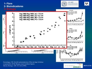 1- Flora
 2- Bioindicadores
 3- Biología




             Gelidium corneum




Gorostiaga, J.M. Growth and production of the red alga Gelidium
sesquipedale off the Basque coast (northern Spain).
Marine Biology. 120: 311-322 (1994)                               BIONATUR
 