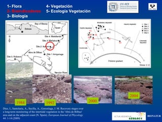 1- Flora                              4- Vegetación
   2- Bioindicadores                     5- Ecología Vegetación
   3- Biología


                                                                                      02
                                                                                      00        98
                                                                                     04
                                                                                           96        92
                                                                                06                        84




                                                                                                               2004
            1984                         1992                                        2000
Díez, I., Santolaria, A., Secilla, A., Gorostiaga, J. M. Recovery stages over
a long-term monitoring of the intertidal vegetation in the 'Abra de Bilbao'
area and on the adjacent coast (N. Spain). European Journal of Phycology                                              BIONATUR
44: 1-14 (2009)
 