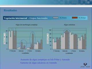 Resultados

Vegetación intermareal - Grupos funcionales                                     Tto. Primario                 Tto. Biológico




                    Algas de morfología compleja                                       Algas calcáreas

                                                            100
  60

                                                             80

  40
                                                             60

                                                             40
  20                                                       Cobertura AC (%)
 Cobertura AMC (%)
                                                             20

   0                                                          0
       P. Muriola      Astondo      I. Pobre   Errotatxu           P. Muriola        Astondo       I. Pobre    Errotatxu
                            Localidades                                                    Localidades



                         Aumento de algas complejas en Isla Pobre y Astondo
                         Aumento de algas calcáreas en Astondo
 