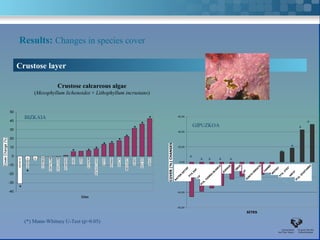 Results: Changes in species cover

       Crustose layer

                                  Crustose calcareous algae
                 (Mesophyllum lichenoides + Lithophyllum incrustans)


 50
           BIZKAIA                                                                                   *           60,00
 40
                                                                                               *                                                                                                        *
                                                                                                                              GIPUZKOA
 30                                                                                       *                      40,00
                                                                                                                                                                                                   *
 20                                                                                 *
                                                                       *
 10
                                                                   * *                                                                                                                        *
                                                        * *
                                                                                                                 20,00

                                             *                                                                                                                                         *
  0    LA GALEA
             KOBARON
                  EA   GIBELEKO
                             MATXILANDO ONDARROA BAKIO MEÑAKOZ
                                   MATXITXAKO OGEIA         SANTA CATALINA
                                                                  EGILUZARMINZA
                                                                              VILLANO
                                                                                    ELANTXOBE
                                                                                          LEMOIZSAN JUAN
                                                                                                      OGOÑO
                                                                                                                          *
                                                                                                                  0,00
                                                                                                                                *    *       *       *
Cover Change (%)
 -10
                                                                                                                                                          ORIO
 -20        *                                                                                                                                    ZUMAIA          URGULL      TAMBÓ
                                                                                                                                                                                 MOTRIKO
                                                                                                                                                                                             ARCOMETEY
                                                                                                                 -20,00  PTA ZABALA                                                  PTA. ITEICO
                                                                                                                               CABO HIGUER
                                                                                                                                                                  PUNTA ENDATA
                                                                                                              COVER (%) CHANGES
                                                                                                                RATÓN GETARIA                                                                    PTA. IZUZTARRI
 -30                                                                                                                            PTA. TIERRA BLANCA


 -40
       *
                                                                                                                 -40,00

                                                   Sites


                                                                                                                 -60,00

                                                                                                                                                                  SITES


           (*) Mann-Whitney U-Test (p>0.05)
 