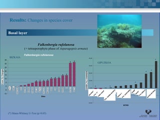 Results: Changes in species cover

       Basal layer

                                                Falkenbergia rufolanosa
                             (= tetrasporophyte phase of Asparagopsis armata)

                             Falkenbergia rufolanosa
         BIZKAIA                                                                                               40,00
  35                                                                                                                                                                                         *
  30                                                                                          * *                           GIPUZKOA
                                                                                                               30,00
  25

  20                                                                                                                                                                                    *
                                                                                                               20,00
                                                                                                                                                                                 *
  15
                                                                                   * *
  10                                                               * * *
                                             * * * *
                                                                                                               10,00
  5
Cover (%) Changes
                                                                                                                                                                        *
  0    EGILUZLEMOIZMATXILANDO GIBELEKO
                         OGEIA      KOBARON
                                         ONDARROA JUAN
                                              SAN CATALINA
                                                     SANTA
                                                         MATXITXAKO OGOÑO
                                                               ELANTXOBE BAKIO ARMINZA
                                                                                    MEÑAKOZ
                                                                                         EA   LA GALEA
                                                                                                    VILLANO
                                                                                                                0,00
                                                                                                                        *                 *
  -5                                                                                                          COVER (%) CHANGES
                                                                                                                                                                                    ORIO
                                                                                                                                     ZUMAIA      URGULL           TAMBÓ
 -10                                                                                                                                                                  MOTRIKO
                                                                                                                ARCOMETEY ITEICO
                                                                                                               -10,00 PTA.                                                PTA ZABALA
                                                     Sites                                                                  CABO HIGUER
                                                                                                                                                  PUNTAPTA. IZUZTARRI
                                                                                                                                                        ENDATA                       RATÓN GETARIA
                                                                                                                                   PTA. TIERRA BLANCA

                                                                                                               -20,00

                                                                                                                                                          SITES




       (*) Mann-Whitney U-Test (p>0.05)
 
