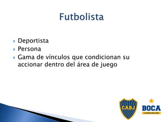  Deportista
 Persona
 Gama de vínculos que condicionan su
accionar dentro del área de juego
 
