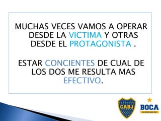 MUCHAS VECES VAMOS A OPERAR
DESDE LA VICTIMA Y OTRAS
DESDE EL PROTAGONISTA .
ESTAR CONCIENTES DE CUAL DE
LOS DOS ME RESULTA MAS
EFECTIVO.
 