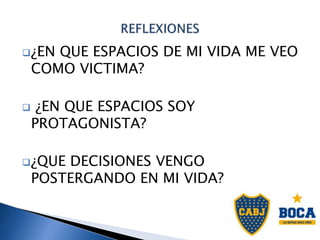 ¿EN QUE ESPACIOS DE MI VIDA ME VEO
COMO VICTIMA?
 ¿EN QUE ESPACIOS SOY
PROTAGONISTA?
¿QUE DECISIONES VENGO
POSTERGANDO EN MI VIDA?
 