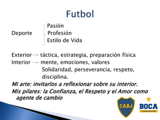 Pasión
Deporte Profesión
Estilo de Vida
Exterior táctica, estrategia, preparación física
Interior mente, emociones, valores
Solidaridad, perseverancia, respeto,
disciplina.
Mi arte: invitarlos a reflexionar sobre su interior.
Mis pilares: la Confianza, el Respeto y el Amor como
agente de cambio
 