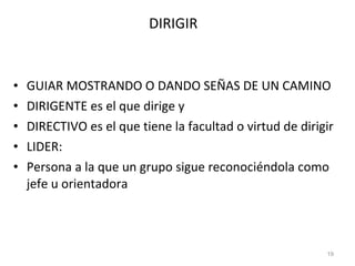 DIRIGIR  GUIAR MOSTRANDO O DANDO SEÑAS DE UN CAMINO DIRIGENTE es el que dirige y DIRECTIVO es el que tiene la facultad o virtud de dirigir LIDER:  Persona a la que un grupo sigue reconociéndola como jefe u orientadora 