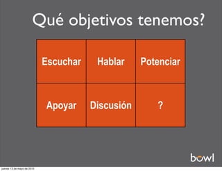 Qué objetivos tenemos?

                            Escuchar    Hablar     Potenciar



                            Apoyar     Discusión      ?




jueves 13 de mayo de 2010
 