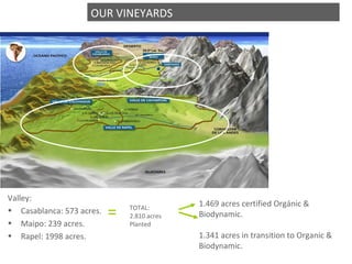 Valley: Casablanca: 573 acres. Maipo: 239 acres.  Rapel: 1998 acres. OUR VINEYARDS TOTAL: 2.810 acres Planted 1.469 acres certified Orgánic & Biodynamic. 1.341 acres in transition to Organic & Biodynamic. = 