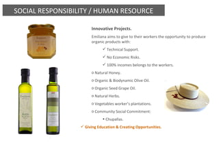 Innovative Projects.  Emiliana aims to give to their workers the opportunity to produce organic products with: Technical Support. No Economic Risks. 100% incomes belongs to the workers. Natural Honey.  Organic & Biodynamic Olive Oil.  Organic Seed Grape Oil. Natural Herbs. Vegetables worker’s plantations. Community Social Commitment:  Chupallas. Giving Education & Creating Opportunities.   SOCIAL RESPONSIBILITY / HUMAN RESOURCE 