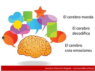 El cerebro manda
El cerebro
decodifica
El cerebro
crea emociones
Lucciano Docarmo Delgado – luccianod@confia.pe
 