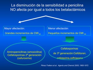 La disminución de la sensibilidad a penicilina  NO afecta por igual a todos los betalactámicos Mayor afectación: G randes incrementos de CMI   90 Menor afectación : P equeños incrementos de CMI  90 Aminopenicilinas (amoxicilina) Cefalosporinas 2ª generación (cefuroxima) Cefalosporinas  de 3ª generación:Cefditoren, cefotaxima,ceftriaxona Pérez-Trallero et al.  Agents and Chemot 2005; 1965-1972 
