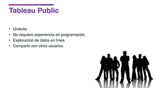 Tableau Public
• Gratuito
• No requiere experiencia en programación
• Exploración de datos en línea
• Compartir con otros usuarios
 