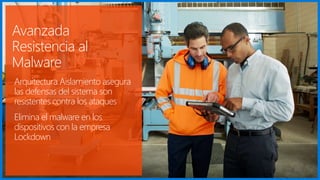 Avanzada
Resistencia al
Malware
Arquitectura Aislamiento asegura
las defensas del sistema son
resistentes contra los ataques
Elimina el malware en los
dispositivos con la empresa
Lockdown
 
