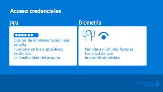 Opción de implementación más
sencilla
Funciona en los dispositivos
existentes
La familiaridad del usuario
PIN
Permite a múltiples factores
Facilidad de uso
Imposible de olvidar
Biometría
Acceso credenciales
Protección de la
identidad
 