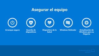 Asegurar el equipo
Protección de los
equipos
Arranque seguro Guardia de
dispositivos
Dispositivo de la
Salud
Windows Defender Actualización de
Windows para su
Negocio
 
