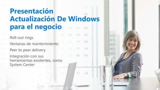 Roll-out rings
Ventanas de mantenimiento
Peer to peer delivery
Integración con sus
herramientas existentes, como
System Center
Presentación
Actualización De Windows
para el negocio
 