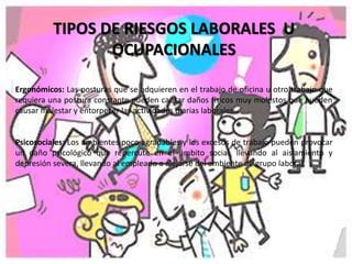 TIPOS DE RIESGOS LABORALES U 
OCUPACIONALES 
Ergonómicos: Las posturas que se adquieren en el trabajo de oficina u otro trabajo que 
requiera una postura constante pueden causar daños físicos muy molestos que pueden 
causar malestar y entorpecer las actividades diarias laborales. 
Psicosociales: Los ambientes poco agradables y los excesos de trabajo pueden provocar 
un daño psicológico que repercute en el ámbito social, llevando al aislamiento y 
depresión severa, llevando al empleado a alejarse del ambiente de grupo laboral. 
 