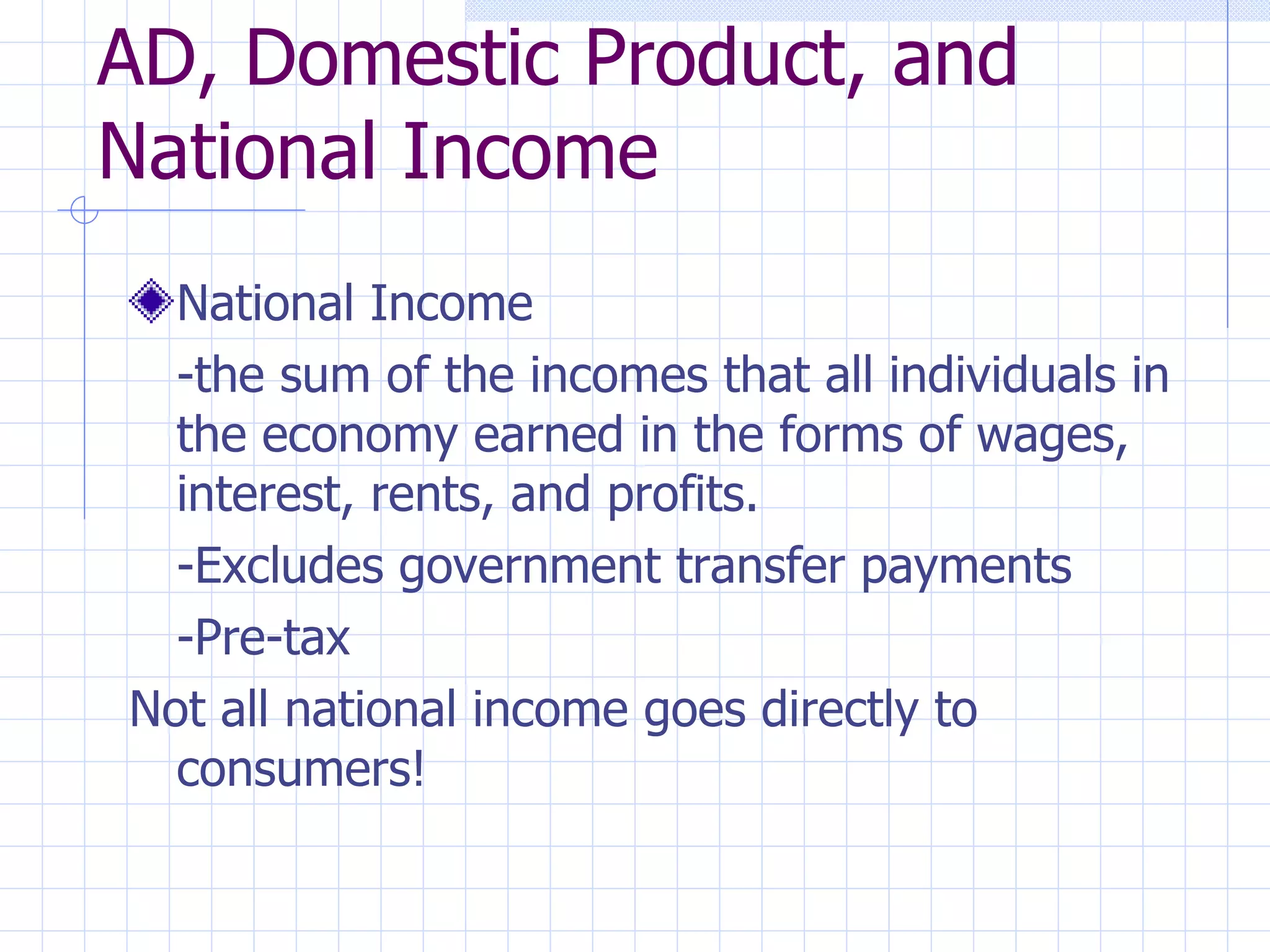 AD, Domestic Product, and National Income National Income -the sum of the incomes that all individuals in the economy earned in the forms of wages, interest, rents, and profits.  -Excludes government transfer payments  -Pre-tax Not all national income goes directly to consumers! 