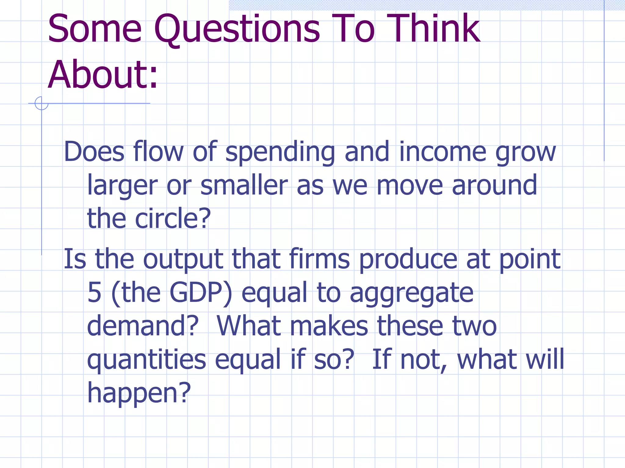 Some Questions To Think About: Does flow of spending and income grow larger or smaller as we move around the circle? Is the output that firms produce at point 5 (the GDP) equal to aggregate demand?  What makes these two quantities equal if so?  If not, what will happen? 