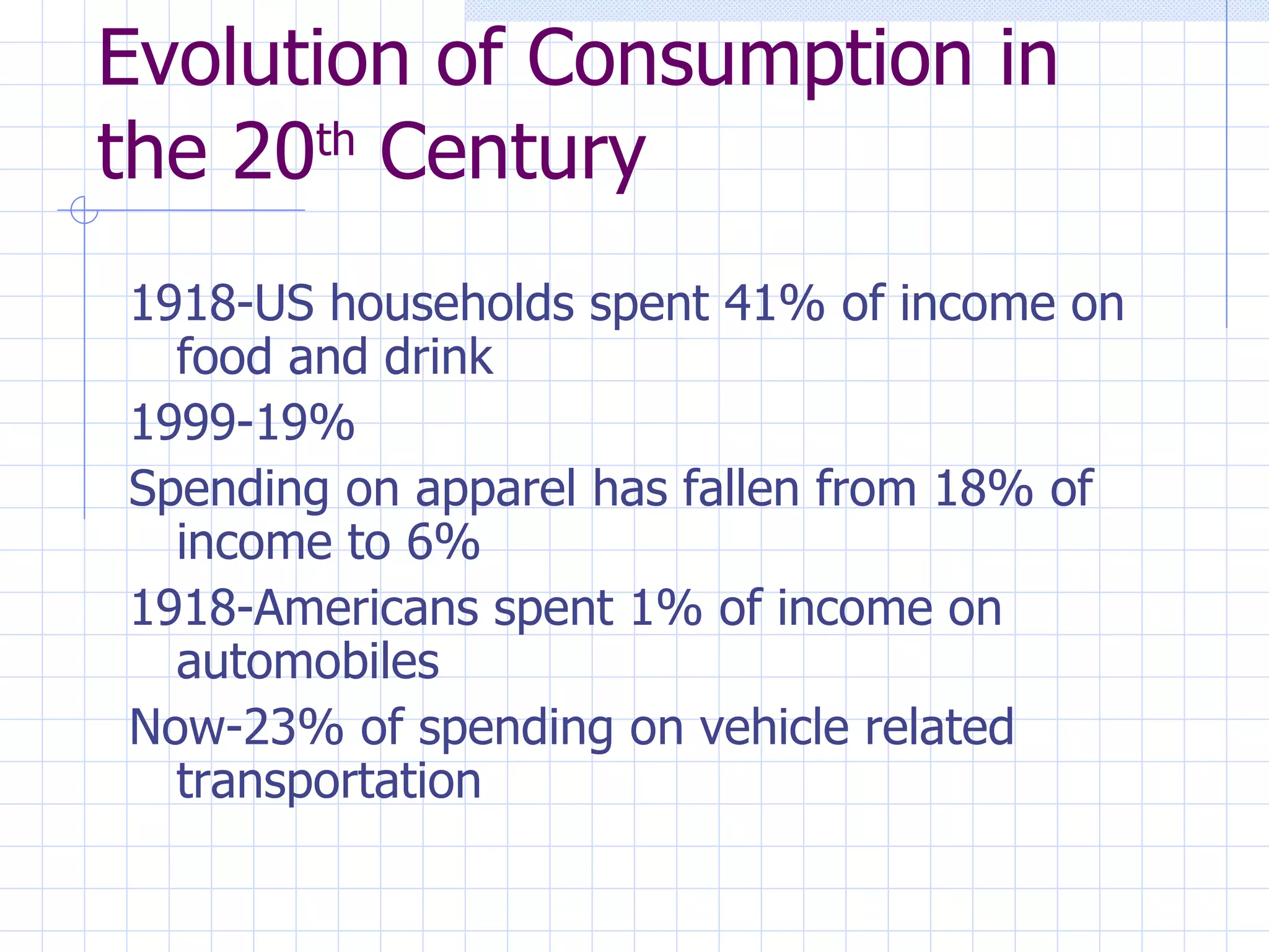 Evolution of Consumption in the 20 th  Century 1918-US households spent 41% of income on food and drink 1999-19% Spending on apparel has fallen from 18% of income to 6% 1918-Americans spent 1% of income on automobiles Now-23% of spending on vehicle related transportation 
