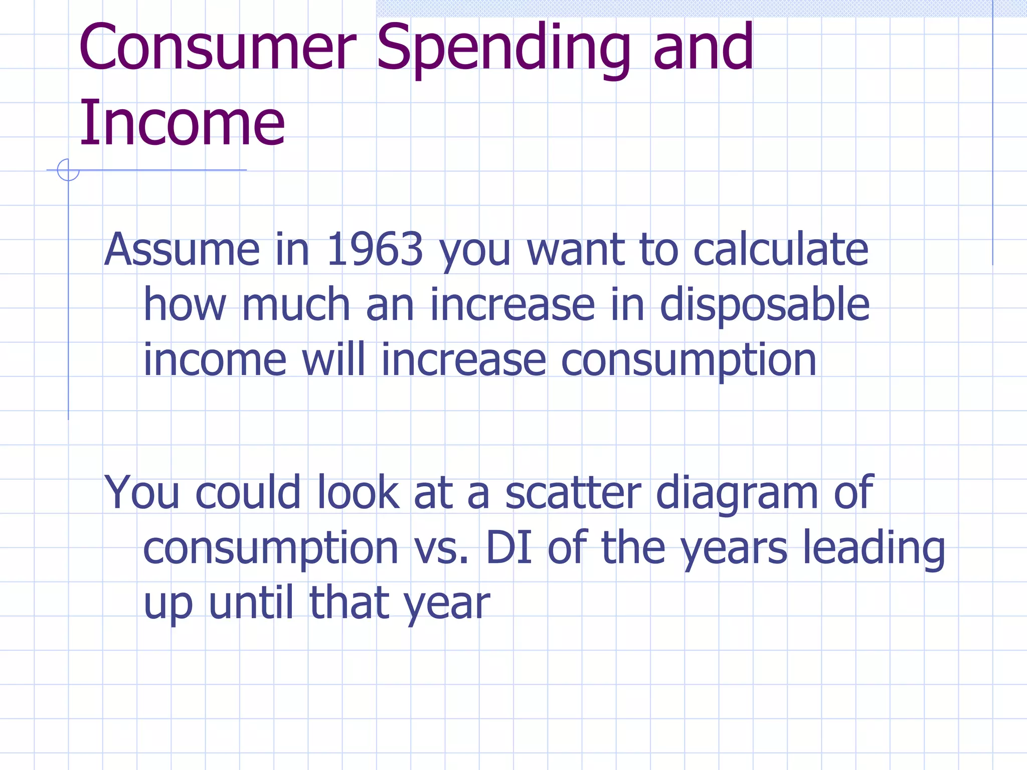 Consumer Spending and Income Assume in 1963 you want to calculate how much an increase in disposable income will increase consumption You could look at a scatter diagram of consumption vs. DI of the years leading up until that year 