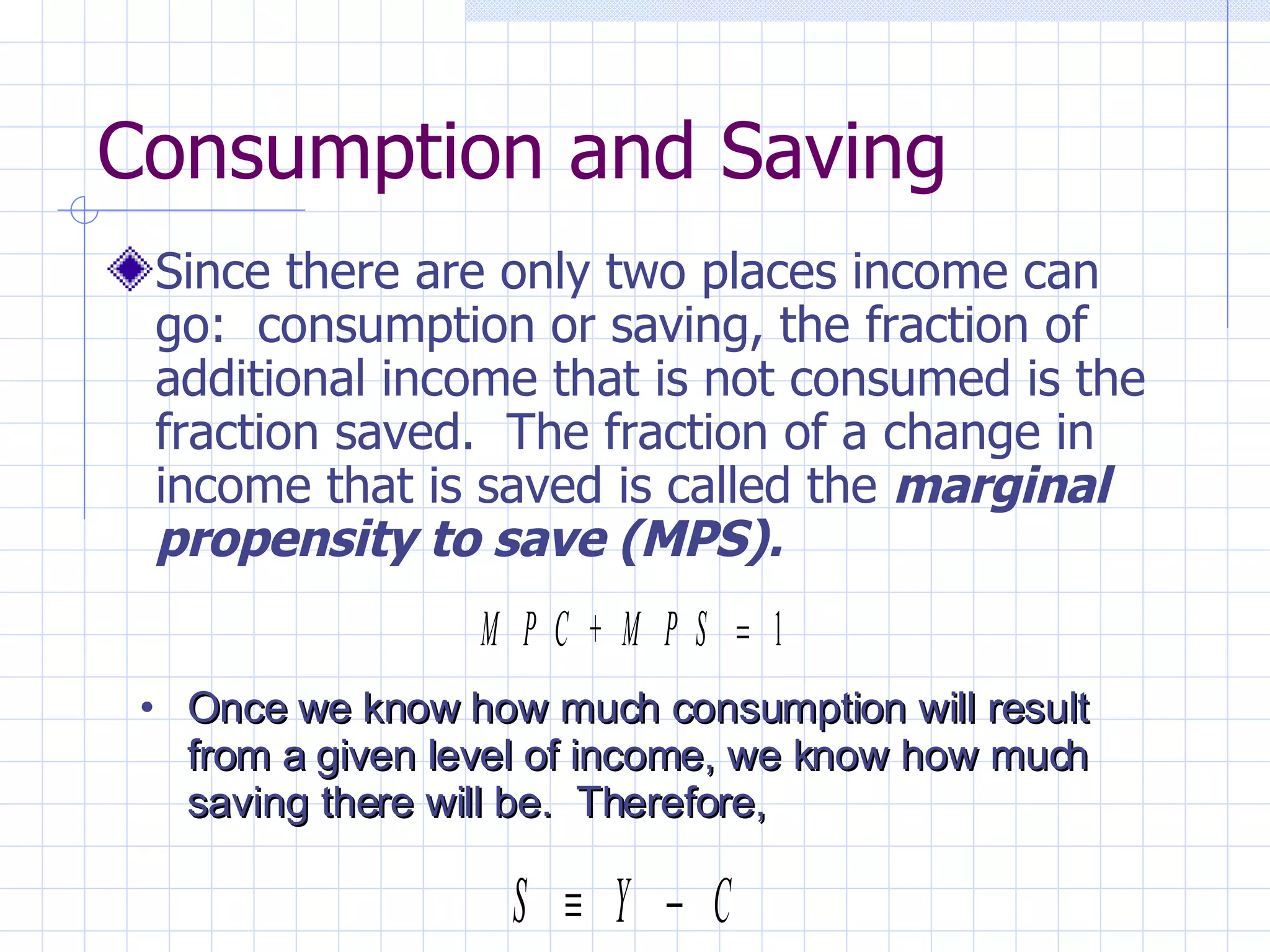Consumption and Saving Since there are only two places income can go:  consumption or saving, the fraction of additional income that is not consumed is the fraction saved.  The fraction of a change in income that is saved is called the  marginal propensity to save (MPS). Once we know how much consumption will result from a given level of income, we know how much saving there will be.  Therefore, 