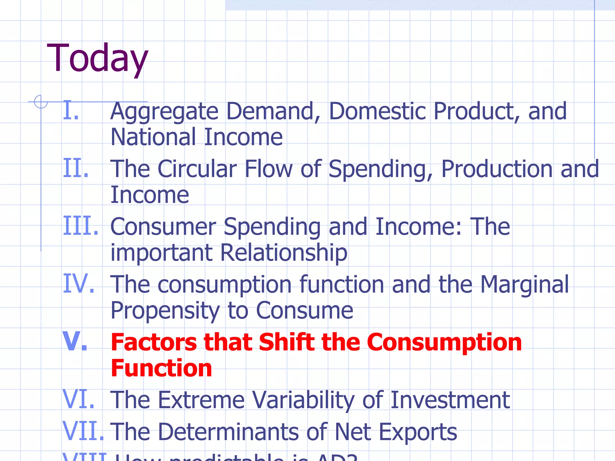 Today Aggregate Demand, Domestic Product, and National Income The Circular Flow of Spending, Production and Income Consumer Spending and Income: The important Relationship The consumption function and the Marginal Propensity to Consume Factors that Shift the Consumption Function The Extreme Variability of Investment The Determinants of Net Exports How predictable is AD? 