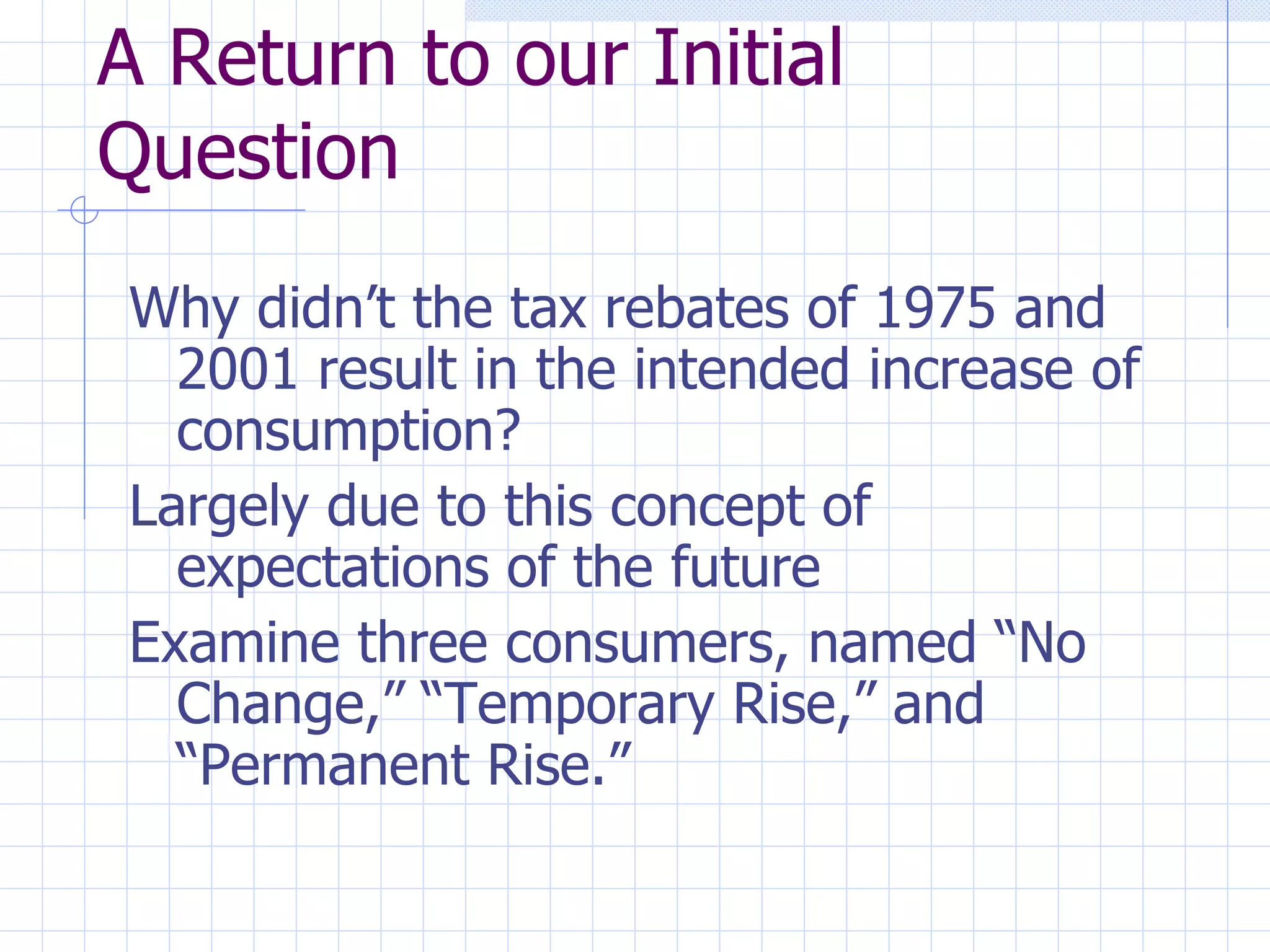 A Return to our Initial Question Why didn’t the tax rebates of 1975 and 2001 result in the intended increase of consumption? Largely due to this concept of expectations of the future Examine three consumers, named “No Change,” “Temporary Rise,” and “Permanent Rise.” 