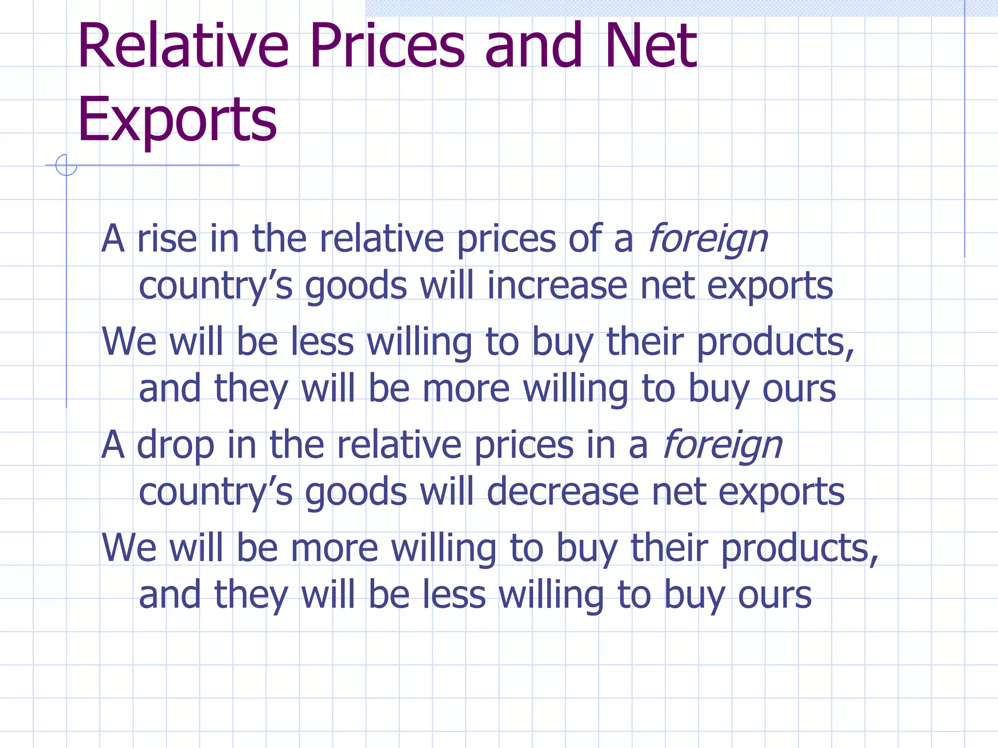 Relative Prices and Net Exports A rise in the relative prices of a  foreign  country’s goods will increase net exports We will be less willing to buy their products, and they will be more willing to buy ours A drop in the relative prices in a  foreign  country’s goods will decrease net exports We will be more willing to buy their products, and they will be less willing to buy ours 