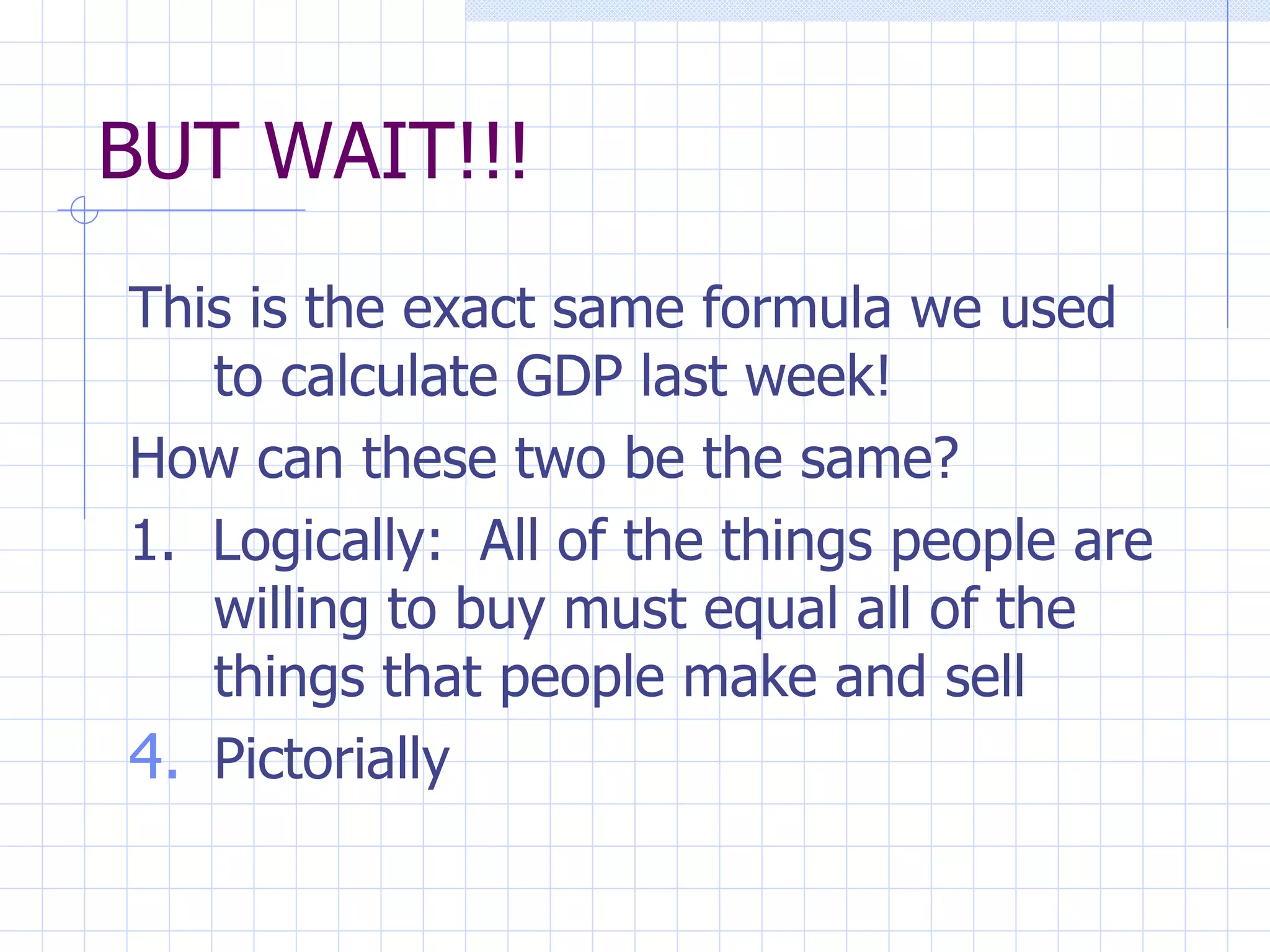 BUT WAIT!!! This is the exact same formula we used to calculate GDP last week! How can these two be the same? 1.  Logically:  All of the things people are willing to buy must equal all of the things that people make and sell Pictorially 