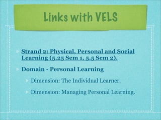 Links with VELS

Strand 2: Physical, Personal and Social
Learning (5.25 Sem 1, 5.5 Sem 2).

Domain - Personal Learning

   Dimension: The Individual Learner.

   Dimension: Managing Personal Learning.
 