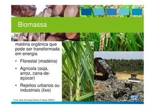 Biomassa

  matéria orgânica que
  pode ser transformada
  em energia
  • Florestal (madeira)
  • Agrícola (soja,
    arroz, cana-de-
    açúcar)
  • Rejeitos urbanos ou
    industriais (lixo)

Fonte: Atlas de Energia Elétrica 3ª edição (ANEEL)
 