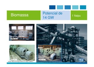Potencial de
     Biomassa                                                             1 Itaipu
                                                           14 GW




    Usina Santa Adélia (SP)
    42MW




    Arroz                                            Usina Santa
    Urbano (SC)                                      Isabel (SP)
    3MW                                              40MW
Fonte: Atlas de Energia Elétrica 3ª edição (ANEEL)
 