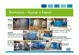 Biomassa – Açúcar e Etanol
                                         ETH – Rio claro / Caçú /           GRUPO BUNGE
COSAN
                                         Conquista Pontal Alcidia /
12 Geradores – 515.575 KVA                                                  Pedro Afonso / Santa Juliana /
                                         Eldorado / Morro Vermelho /
                                                                            Monte Alegre
                                         Alto Taquari / Costa Rica /
ADECO                                    Agua Emendada                      4 Geradores – 156.250 KVA
Angélica Agroenergia / Monte Alegre      21 Geradores – 947.000 kVA         Sistema de Supervisão e Controle
3 Geradores – 120.000 kVA
Transformadores e Subestação                                                GRUPO SANTA TERESINHA – PR
                                         USINA CERRADINHO
                                         Porto das Águas / Potirendaba
                                                                            Paranacity / Tapejara / Usaciga
RENUKA                                   5 Geradores – 187.500 KVA          5 Geradores – 113.125 KVA
Usinas Equipav / Usina Biopav
7 Geradores – 346.250 kVA
Sistema de Supervisão e Controle         GRUPO SÃO JOÃO DE ARARAS           GRUPO SÃO MARTINHO
                                                                            Usinas Boa Vista / São Martinho
                                         Quirinópolis / Cachoeira Dourada
                                                                            3 Geradores – 118.750 KVA
GRUPO LDC/SEV                            2 Geradores – 100.000 KVA
Rio Brilhante / Lagoa da Prata / Santa
Elisa / Passa Tempo                      GRUPO COLOMBO                      Cliente: Usina São Fernando
7 Geradores – 278.500 KVA                3 Geradores – 100.000 KVA          2 Geradores – 120.000 kVA
 
