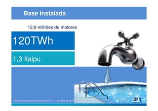 Base Instalada

                12,9 milhões de motores


120TWh
1,3 Itaipu




Fonte: Revista brasileira de energia, vol 15, nº.1, 1º sem 2009, pp. 29-47
 