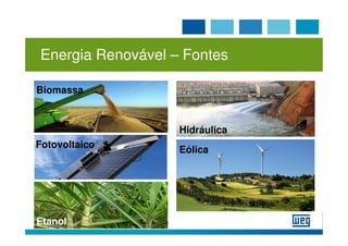 Energia Renovável – Fontes

Biomassa



                   Hidráulica
Fotovoltaico
                   Eólica




Etanol
 
