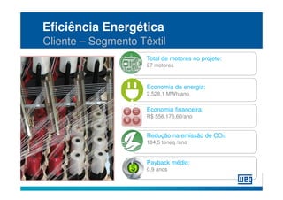Eficiência Energética
Cliente – Segmento Têxtil
                     Total de motores no projeto:
                     27 motores



                     Economia de energia:
                     2.528,1 MWh/ano

                     Economia financeira:
                     R$ 556.176,60/ano


                     Redução na emissão de CO2:
                     184,5 toneq /ano


                     Payback médio:
                     0,9 anos
 