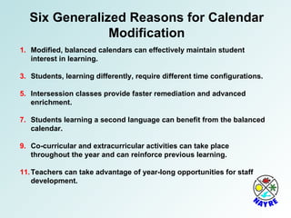 Modified, balanced calendars can effectively maintain student interest in learning. Students, learning differently, require different time configurations. Intersession classes provide faster remediation and advanced enrichment. Students learning a second language can benefit from the balanced calendar. Co-curricular and extracurricular activities can take place throughout the year and can reinforce previous learning. Teachers can take advantage of year-long opportunities for staff development. Six Generalized Reasons for Calendar Modification 