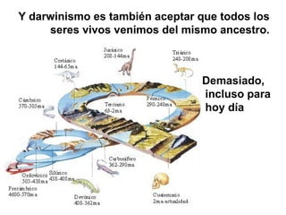 Y darwinismo es también aceptar que todos los
seres vivos venimos del mismo ancestro.
Demasiado,
incluso para
hoy día
 