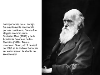 La importancia de su trabajo
fue ampliamente reconocida
por sus coetáneos. Darwin fue
elegido miembro de la
Sociedad Real (1839) y de la
Academia Francesa de las
Ciencias (1878). Tras su
muerte en Down, el 19 de abril
de 1882 se le rindió el honor de
ser enterrado en la abadía de
Westminster.
 