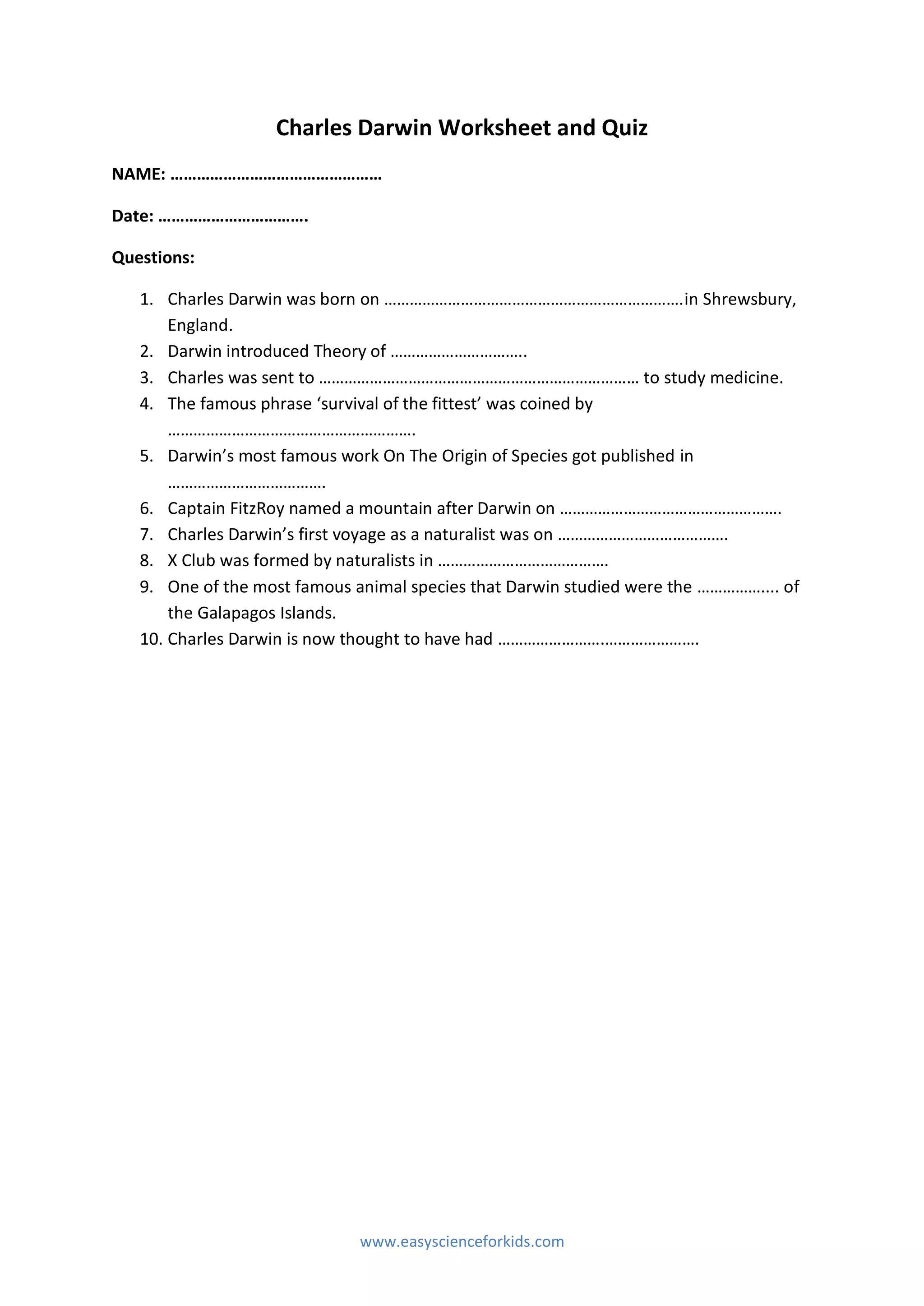 Charles darwinworksheetandquiz PDF