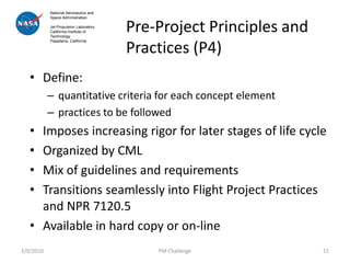 National Aeronautics and



                                       Pre-Project Principles and
           Space Administration

           Jet Propulsion Laboratory
           California Institute of
           Technology


                                       Practices (P4)
           Pasadena, California




   • Define:
           – quantitative criteria for each concept element
           – practices to be followed
   • Imposes increasing rigor for later stages of life cycle
   • Organized by CML
   • Mix of guidelines and requirements
   • Transitions seamlessly into Flight Project Practices
     and NPR 7120.5
   • Available in hard copy or on-line
2/9/2010                                   PM Challenge             15
 
