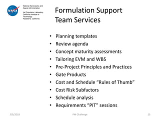 Formulation Support
           National Aeronautics and
           Space Administration

           Jet Propulsion Laboratory
           California Institute of



                                           Team Services
           Technology
           Pasadena, California




                                       •   Planning templates
                                       •   Review agenda
                                       •   Concept maturity assessments
                                       •   Tailoring EVM and WBS
                                       •   Pre-Project Principles and Practices
                                       •   Gate Products
                                       •   Cost and Schedule “Rules of Thumb”
                                       •   Cost Risk Subfactors
                                       •   Schedule analysis
                                       •   Requirements “PIT” sessions
2/9/2010                                          PM Challenge                    23
 