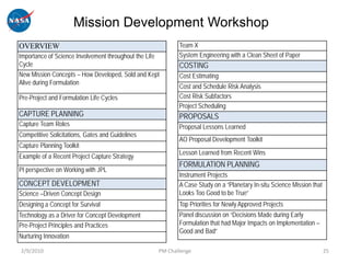 Mission Development Workshop
OVERVIEW                                                   Team X
Importance of Science Involvement throughout the Life      System Engineering with a Clean Sheet of Paper
Cycle                                                      COSTING
New Mission Concepts – How Developed, Sold and Kept        Cost Estimating
Alive during Formulation
                                                           Cost and Schedule Risk Analysis
Pre-Project and Formulation Life Cycles                    Cost Risk Subfactors
                                                           Project Scheduling
CAPTURE PLANNING                                           PROPOSALS
Capture Team Roles                                         Proposal Lessons Learned
Competitive Solicitations, Gates and Guidelines
                                                           AO Proposal Development Toolkit
Capture Planning Toolkit
                                                           Lesson Learned from Recent Wins
Example of a Recent Project Capture Strategy
                                                           FORMULATION PLANNING
PI perspective on Working with JPL
                                                           Instrument Projects
CONCEPT DEVELOPMENT                                        A Case Study on a “Planetary In-situ Science Mission that
Science –Driven Concept Design                             Looks Too Good to be True”
Designing a Concept for Survival                           Top Priorities for Newly Approved Projects
Technology as a Driver for Concept Development             Panel discussion on “Decisions Made during Early
Pre-Project Principles and Practices                       Formulation that had Major Impacts on Implementation –
                                                           Good and Bad”
Nurturing Innovation

2/9/2010                                            PM Challenge                                                       25
 