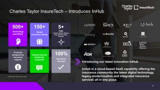 1
Charles Taylor InsureTech – Introduces InHub
500+ 150+
100%
5+
Technology
specialists
Global
Insurance clients
COE
London, Manila, Mexico
City, Buenos Aires,
Chennai
Products
designed by
insurance
experts
Tailored service
backed by
corporate Insurance
focused
© 2022 Charles Taylor InsureTech Limited
Introducing our latest innovation InHub
InHub is a cloud-based SaaS capability offering the
insurance community the latest digital technology,
legacy modernisation and integrated insurance
services all in one place.
 
